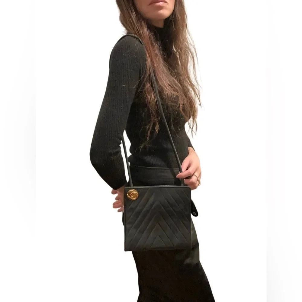 CHANEL Black Chevron Leather Shoulder Bag with Gold Accent